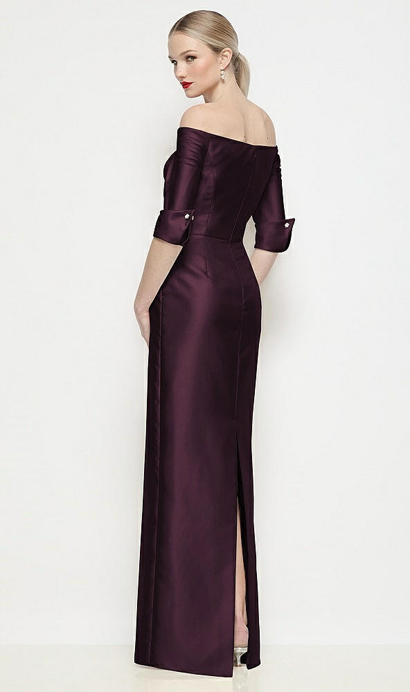 Back View - Deep Plum Off-the-Shoulder 3/4 Sleeve Column Satin Maxi Dress