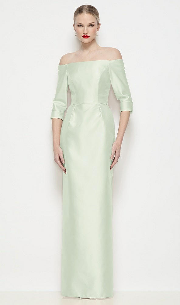 Front View - Mint Green Off-the-Shoulder 3/4 Sleeve Column Satin Maxi Dress