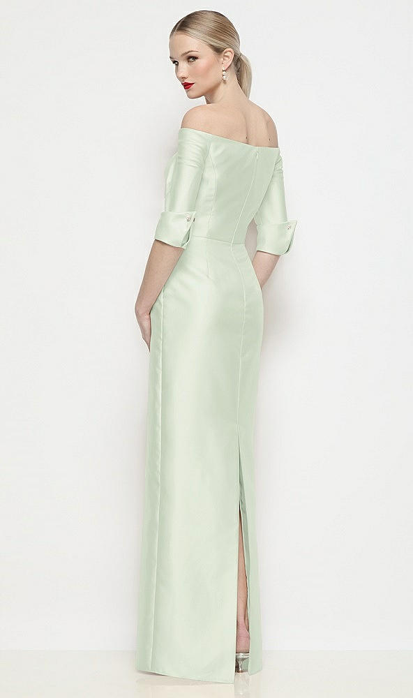 Back View - Mint Green Off-the-Shoulder 3/4 Sleeve Column Satin Maxi Dress