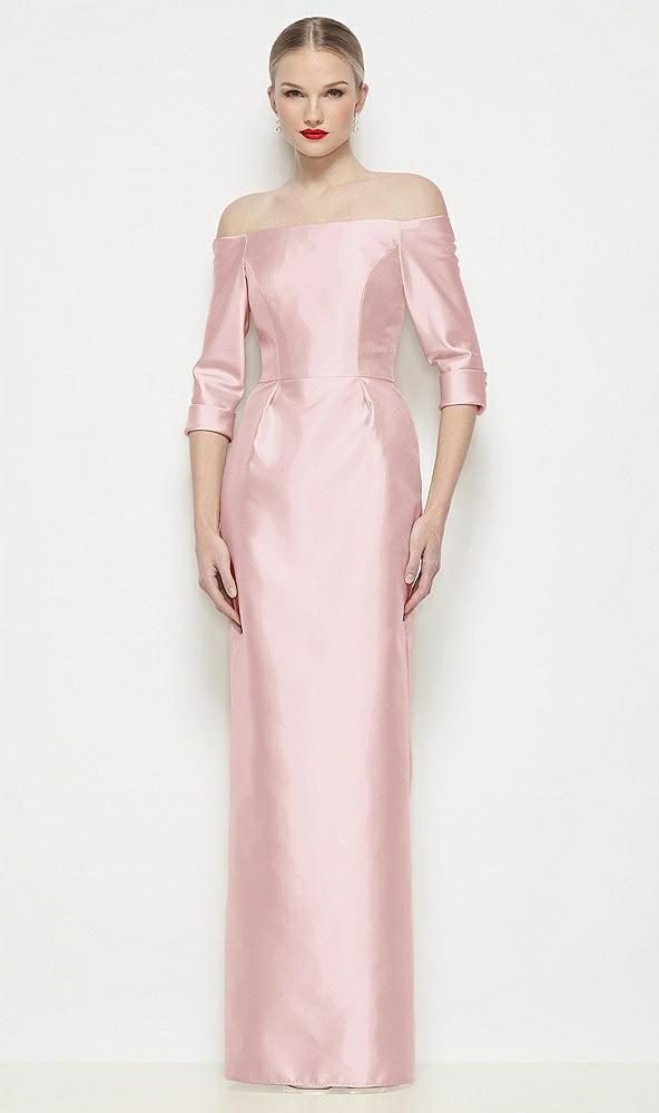 Front View - Ballet Pink Off-the-Shoulder 3/4 Sleeve Column Satin Maxi Dress