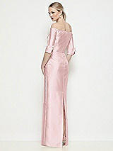 Rear View Thumbnail - Ballet Pink Off-the-Shoulder 3/4 Sleeve Column Satin Maxi Dress