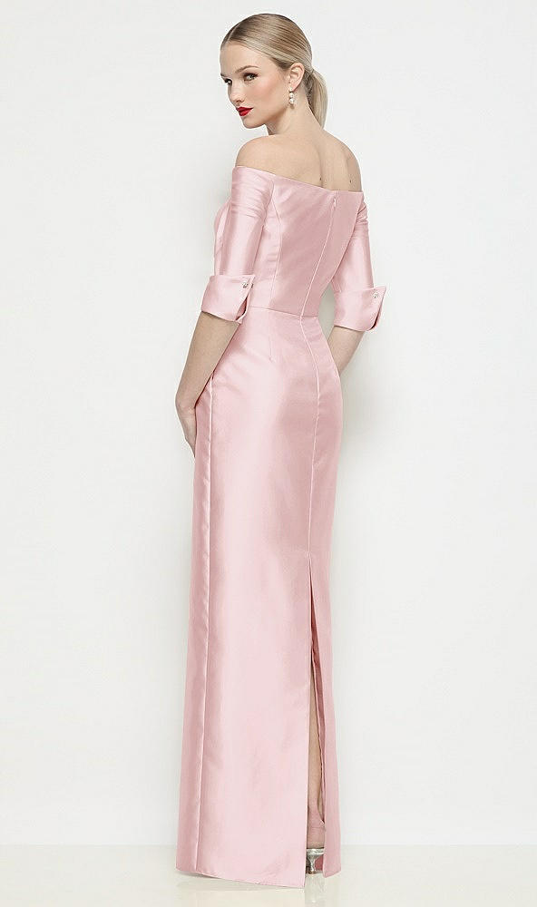 Back View - Ballet Pink Off-the-Shoulder 3/4 Sleeve Column Satin Maxi Dress