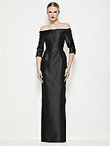 Front View Thumbnail - Black Off-the-Shoulder 3/4 Sleeve Column Satin Maxi Dress