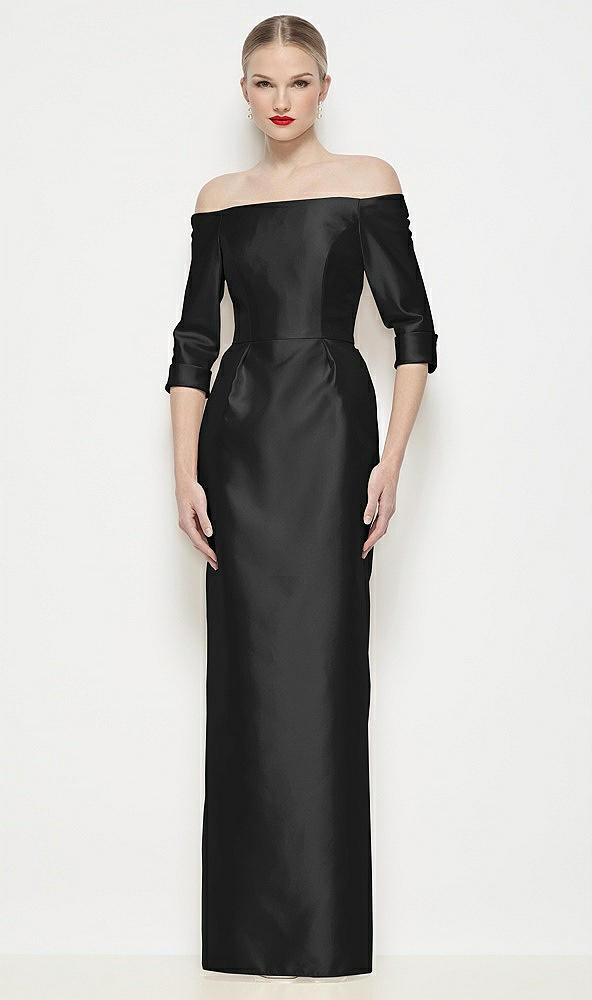 Front View - Black Off-the-Shoulder 3/4 Sleeve Column Satin Maxi Dress