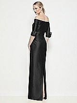 Rear View Thumbnail - Black Off-the-Shoulder 3/4 Sleeve Column Satin Maxi Dress