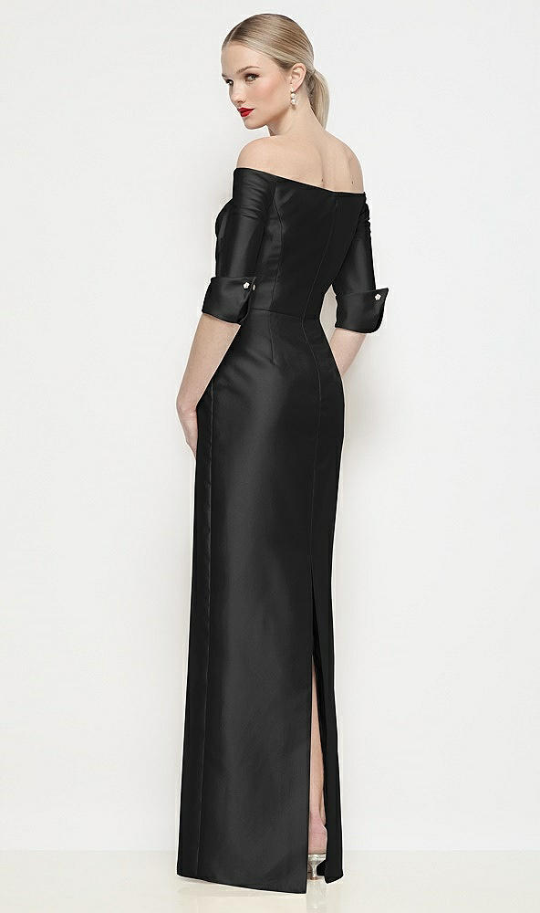 Back View - Black Off-the-Shoulder 3/4 Sleeve Column Satin Maxi Dress