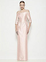 Front View Thumbnail - Blush Off-the-Shoulder 3/4 Sleeve Column Satin Maxi Dress