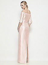Rear View Thumbnail - Blush Off-the-Shoulder 3/4 Sleeve Column Satin Maxi Dress