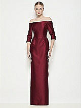 Front View Thumbnail - Cabernet Off-the-Shoulder 3/4 Sleeve Column Satin Maxi Dress