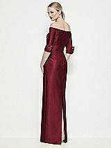Rear View Thumbnail - Cabernet Off-the-Shoulder 3/4 Sleeve Column Satin Maxi Dress