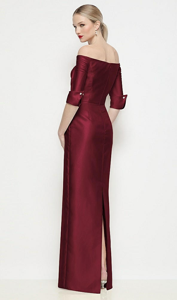Back View - Cabernet Off-the-Shoulder 3/4 Sleeve Column Satin Maxi Dress