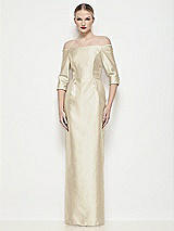 Front View Thumbnail - Champagne Off-the-Shoulder 3/4 Sleeve Column Satin Maxi Dress