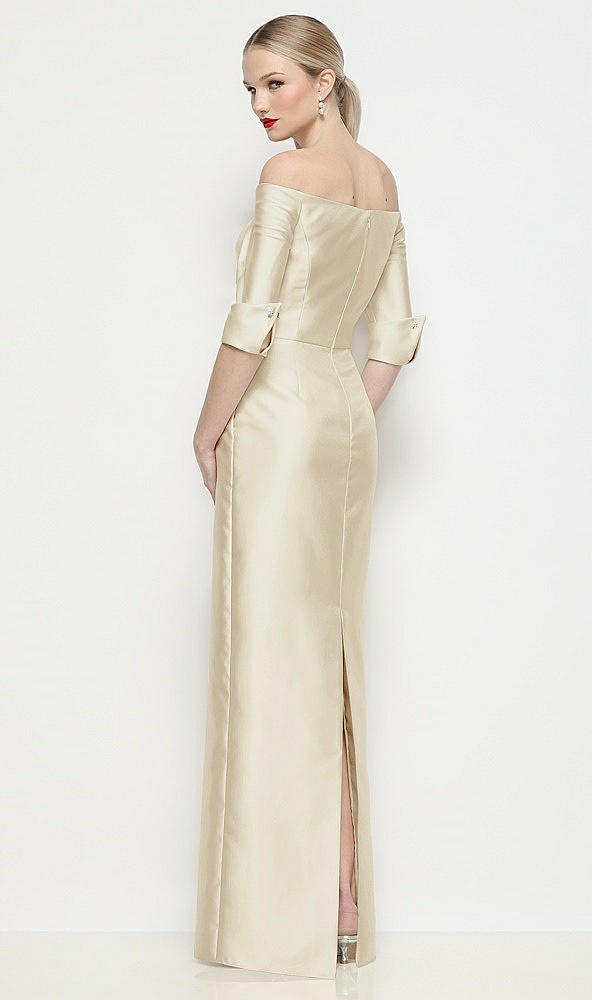 Back View - Champagne Off-the-Shoulder 3/4 Sleeve Column Satin Maxi Dress