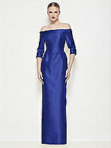 Front View Thumbnail - Cobalt Blue Off-the-Shoulder 3/4 Sleeve Column Satin Maxi Dress