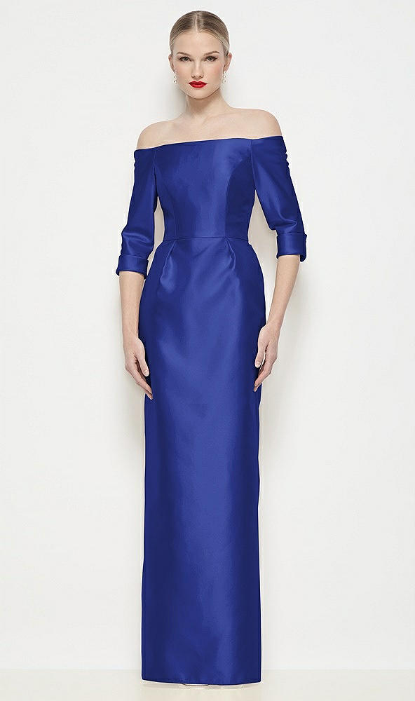 Front View - Cobalt Blue Off-the-Shoulder 3/4 Sleeve Column Satin Maxi Dress