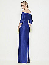 Rear View Thumbnail - Cobalt Blue Off-the-Shoulder 3/4 Sleeve Column Satin Maxi Dress