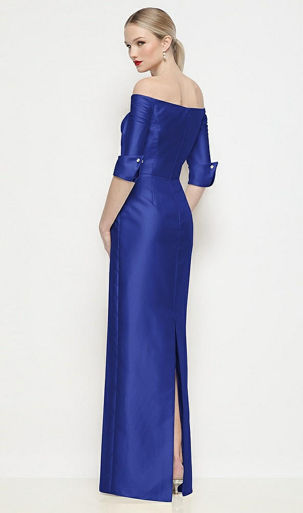 Back View - Cobalt Blue Off-the-Shoulder 3/4 Sleeve Column Satin Maxi Dress
