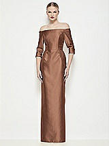 Front View Thumbnail - Cognac Off-the-Shoulder 3/4 Sleeve Column Satin Maxi Dress