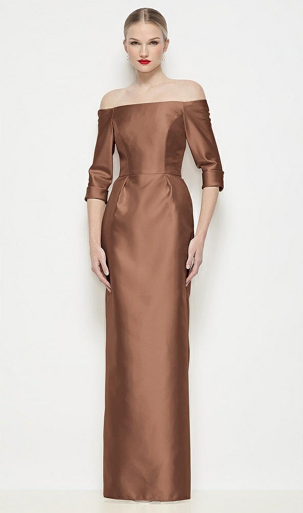 Front View - Cognac Off-the-Shoulder 3/4 Sleeve Column Satin Maxi Dress