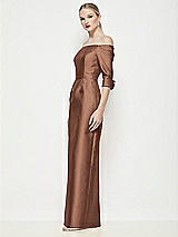 Side View Thumbnail - Cognac Off-the-Shoulder 3/4 Sleeve Column Satin Maxi Dress