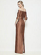 Rear View Thumbnail - Cognac Off-the-Shoulder 3/4 Sleeve Column Satin Maxi Dress