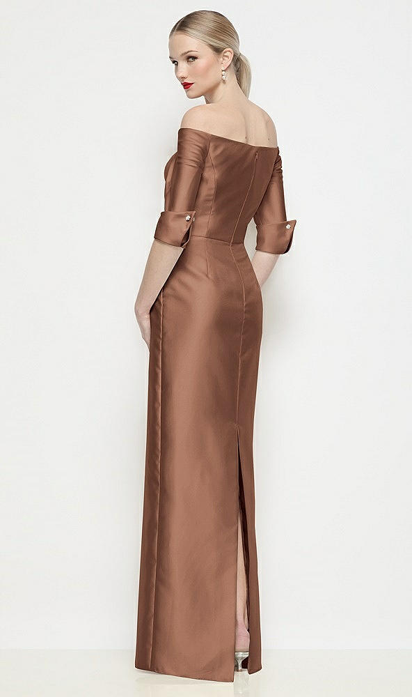 Back View - Cognac Off-the-Shoulder 3/4 Sleeve Column Satin Maxi Dress