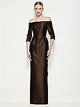 Front View Thumbnail - Espresso Off-the-Shoulder 3/4 Sleeve Column Satin Maxi Dress