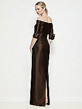 Rear View Thumbnail - Espresso Off-the-Shoulder 3/4 Sleeve Column Satin Maxi Dress
