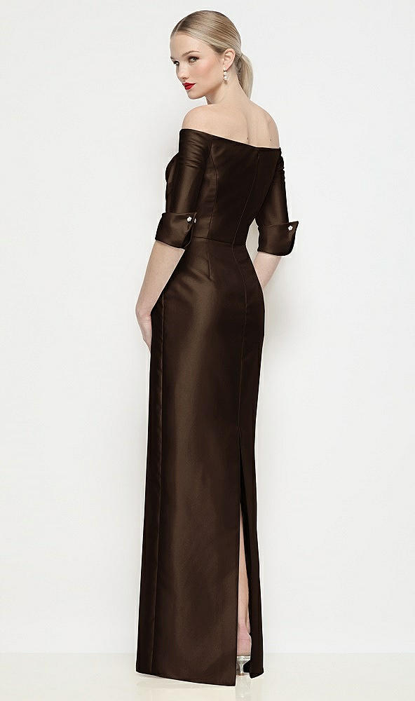 Back View - Espresso Off-the-Shoulder 3/4 Sleeve Column Satin Maxi Dress