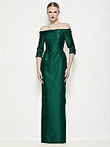 Front View Thumbnail - Hunter Green Off-the-Shoulder 3/4 Sleeve Column Satin Maxi Dress
