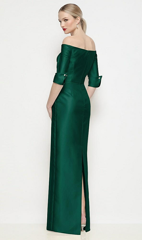 Back View - Hunter Green Off-the-Shoulder 3/4 Sleeve Column Satin Maxi Dress