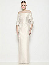 Front View Thumbnail - Ivory Off-the-Shoulder 3/4 Sleeve Column Satin Maxi Dress