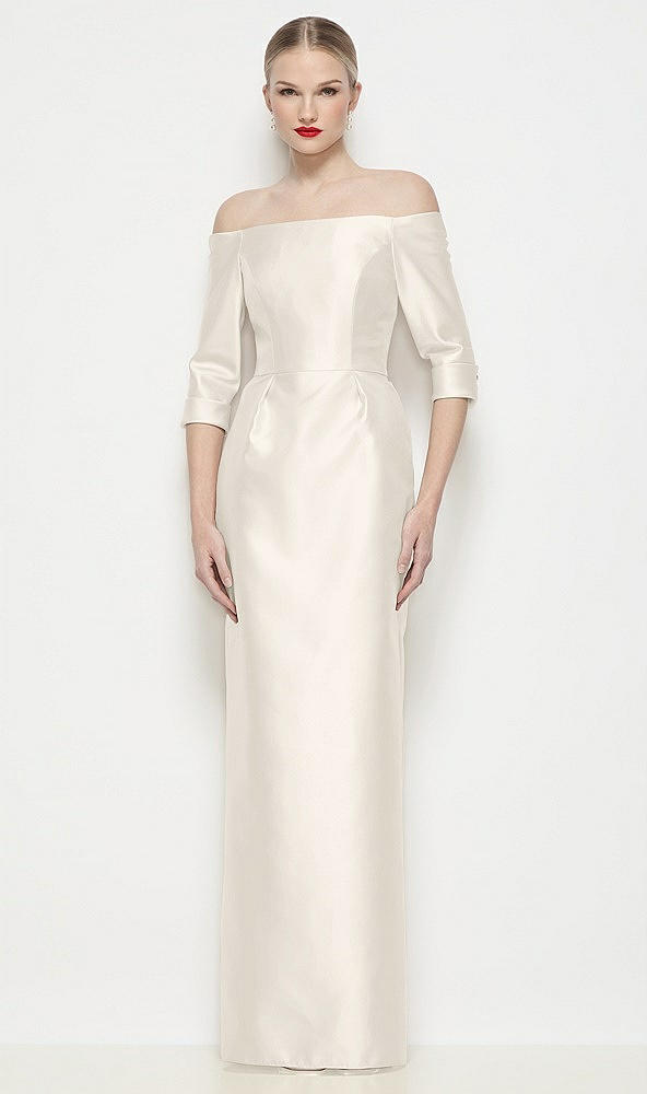 Front View - Ivory Off-the-Shoulder 3/4 Sleeve Column Satin Maxi Dress