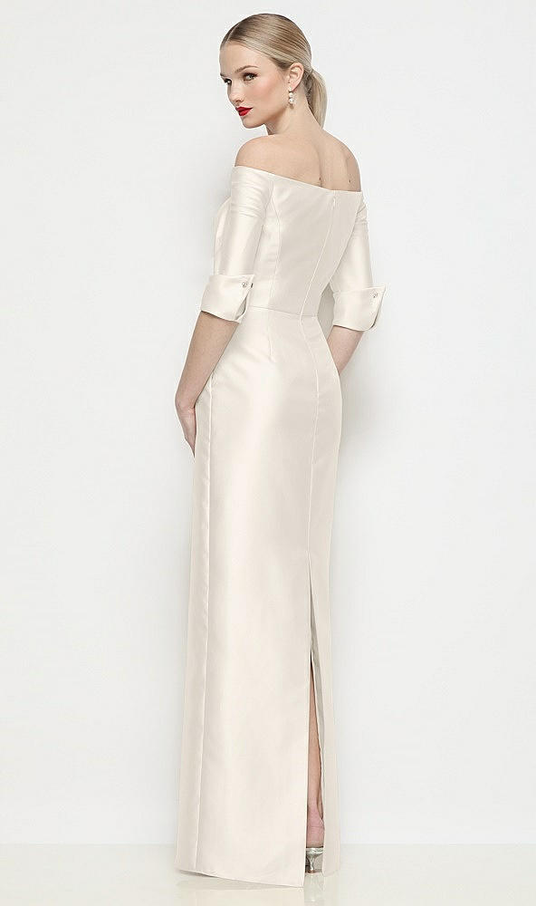 Back View - Ivory Off-the-Shoulder 3/4 Sleeve Column Satin Maxi Dress
