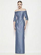 Front View Thumbnail - Larkspur Blue Off-the-Shoulder 3/4 Sleeve Column Satin Maxi Dress