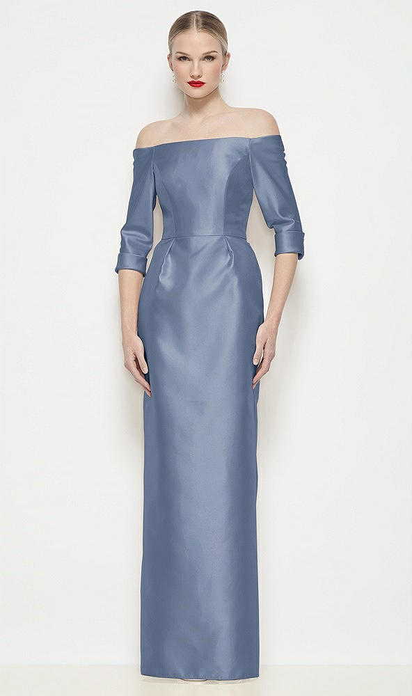 Front View - Larkspur Blue Off-the-Shoulder 3/4 Sleeve Column Satin Maxi Dress