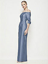 Side View Thumbnail - Larkspur Blue Off-the-Shoulder 3/4 Sleeve Column Satin Maxi Dress