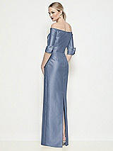 Rear View Thumbnail - Larkspur Blue Off-the-Shoulder 3/4 Sleeve Column Satin Maxi Dress