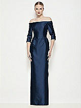 Front View Thumbnail - Midnight Navy Off-the-Shoulder 3/4 Sleeve Column Satin Maxi Dress