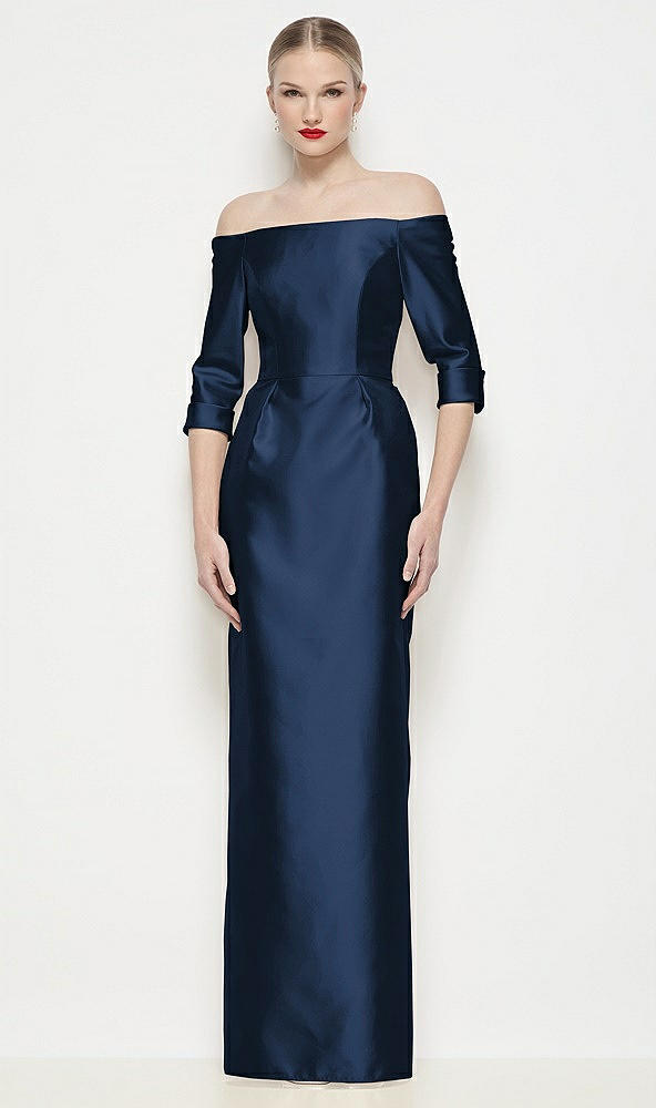 Front View - Midnight Navy Off-the-Shoulder 3/4 Sleeve Column Satin Maxi Dress
