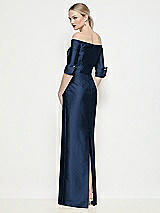 Rear View Thumbnail - Midnight Navy Off-the-Shoulder 3/4 Sleeve Column Satin Maxi Dress