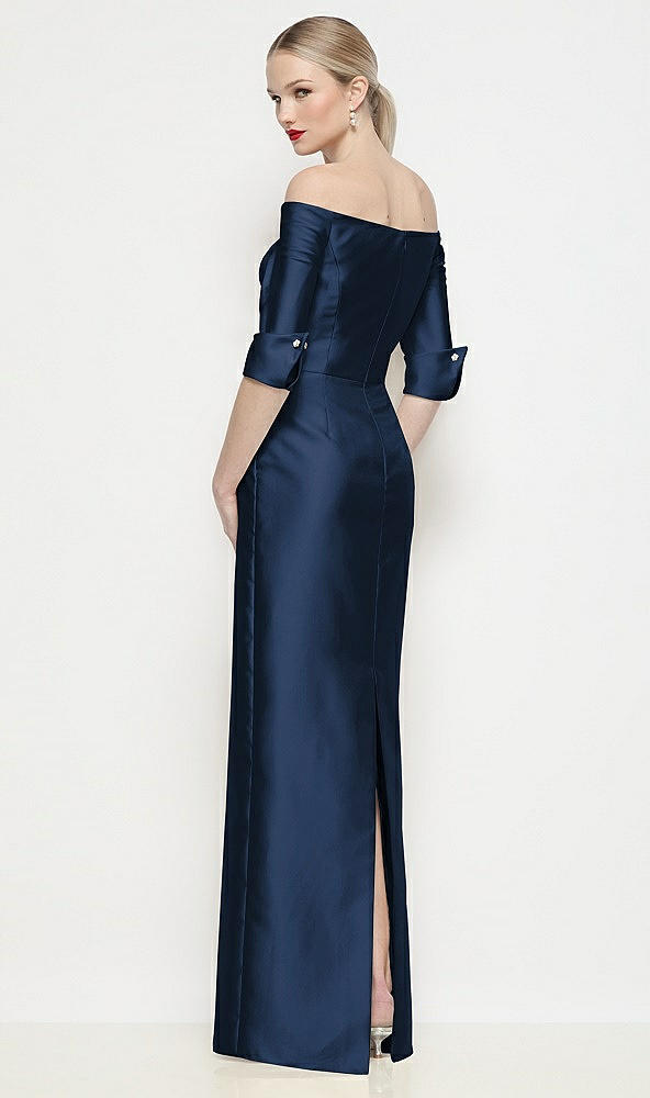 Back View - Midnight Navy Off-the-Shoulder 3/4 Sleeve Column Satin Maxi Dress