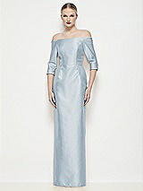 Front View Thumbnail - Mist Off-the-Shoulder 3/4 Sleeve Column Satin Maxi Dress