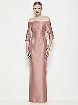 Front View Thumbnail - Neu Nude Off-the-Shoulder 3/4 Sleeve Column Satin Maxi Dress