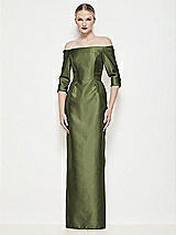 Front View Thumbnail - Olive Green Off-the-Shoulder 3/4 Sleeve Column Satin Maxi Dress