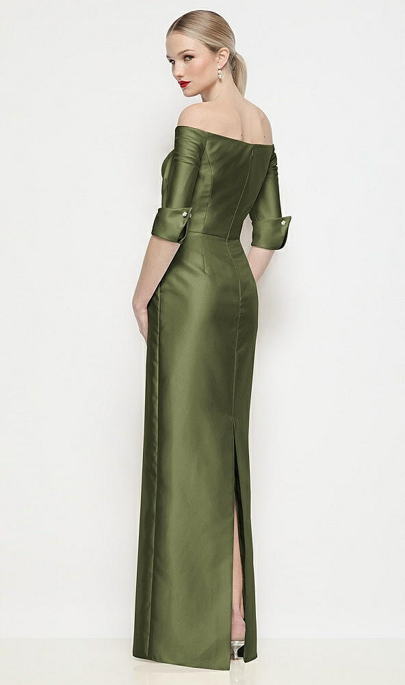 Back View - Olive Green Off-the-Shoulder 3/4 Sleeve Column Satin Maxi Dress