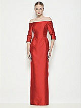 Front View Thumbnail - Poppy Red Off-the-Shoulder 3/4 Sleeve Column Satin Maxi Dress