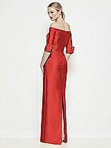 Rear View Thumbnail - Poppy Red Off-the-Shoulder 3/4 Sleeve Column Satin Maxi Dress
