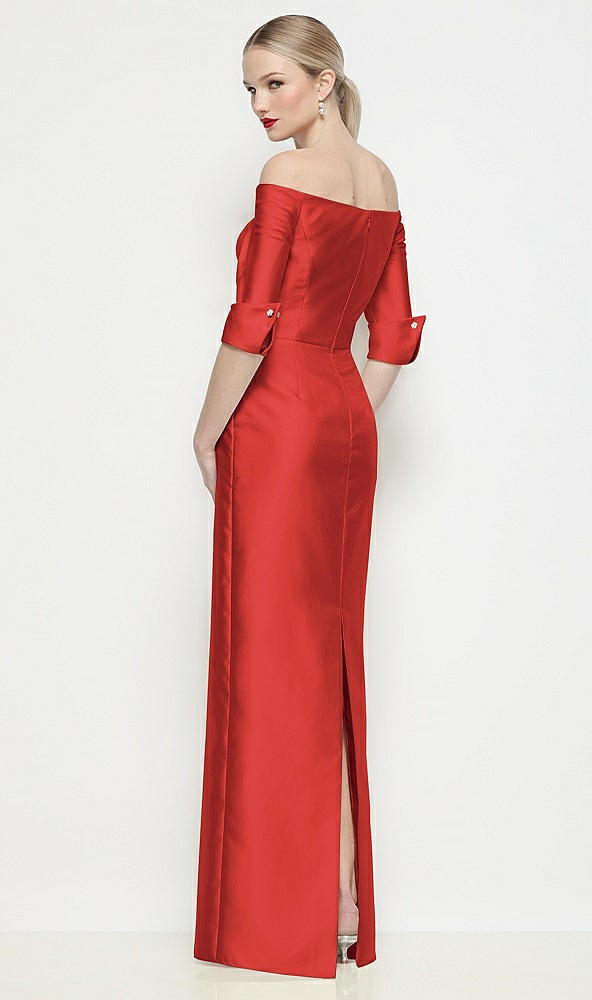 Back View - Poppy Red Off-the-Shoulder 3/4 Sleeve Column Satin Maxi Dress
