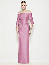 Front View Thumbnail - Powder Pink Off-the-Shoulder 3/4 Sleeve Column Satin Maxi Dress